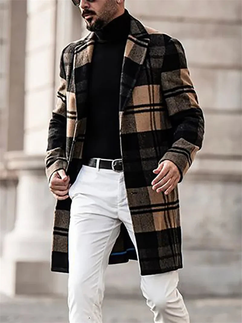 Europe and The United States New Fashion Woolen Coat, Men's Autumn New Spell Color Plaid Casual Lapel in Mid-length Woolen Coat
